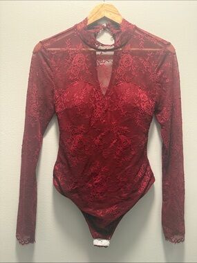 PopiLush Lace Long-Sleeve Bodysuit in Deep Red